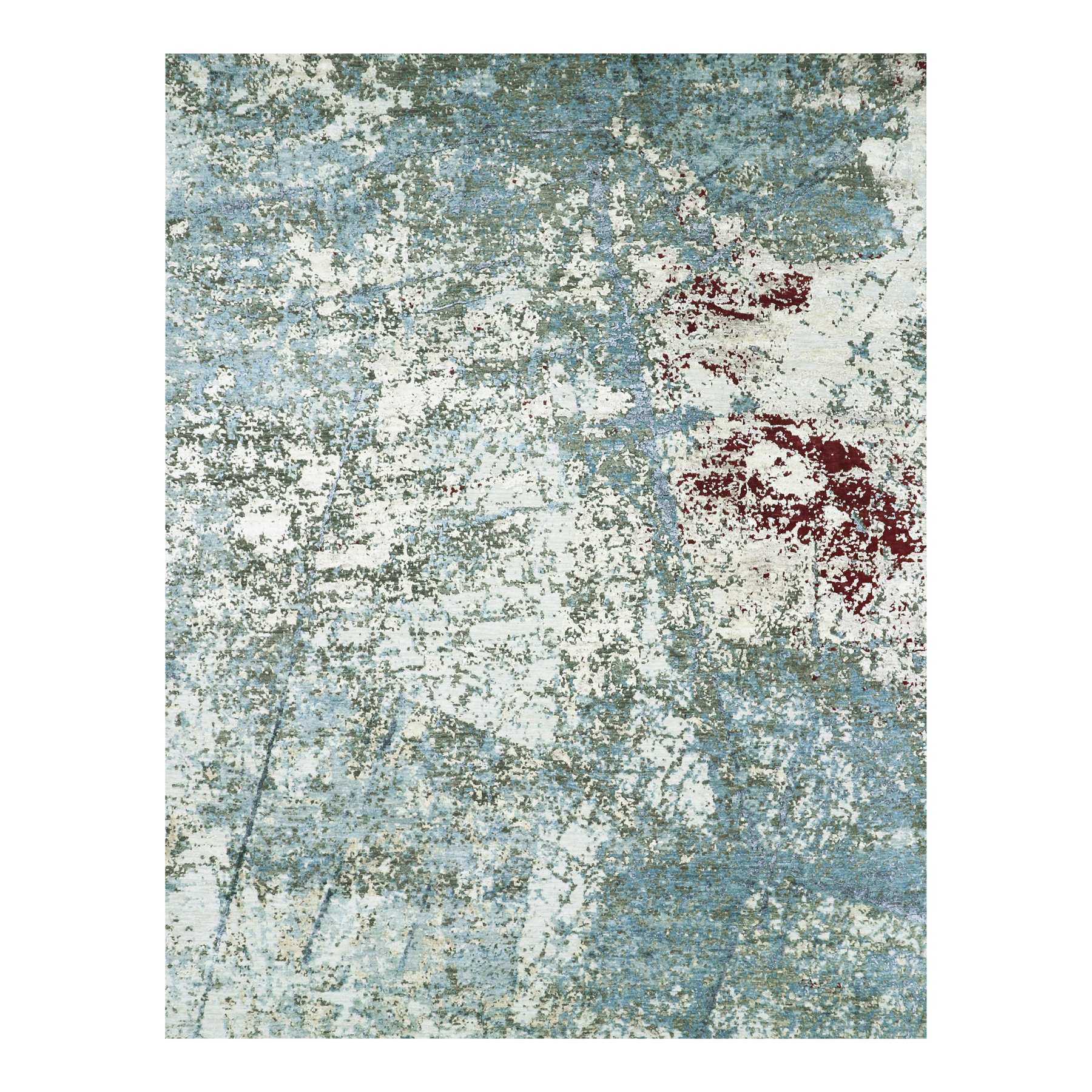 Gray with Ivory, Persian Knot, Abstract with Galaxy Design, 100% Wool, Hand Knotted, Densely Woven, Oriental Rug